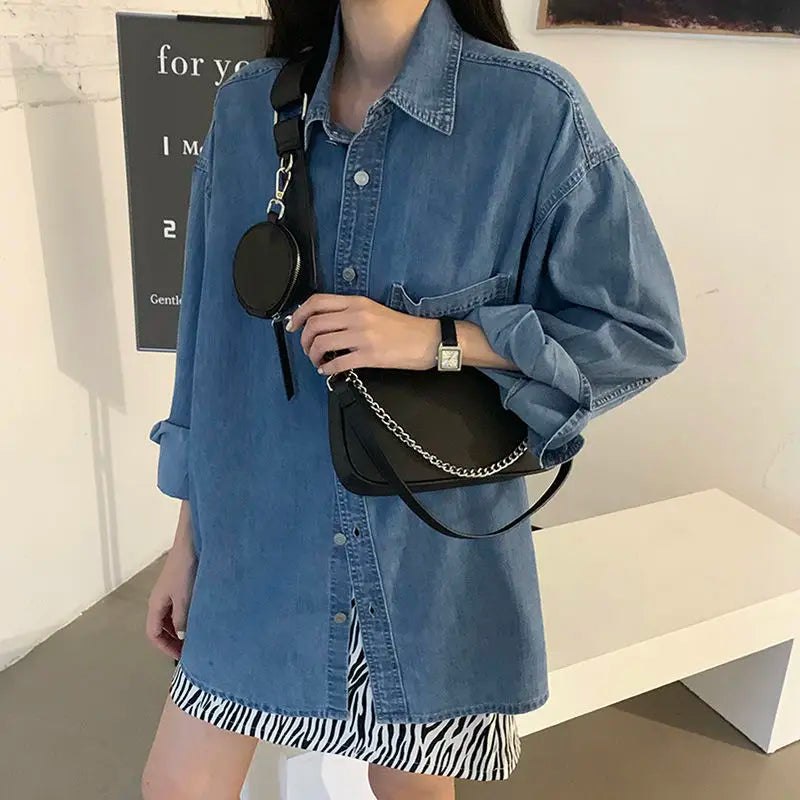 Square Crossbody Leather Shoulder Bag with Money Bag Chain