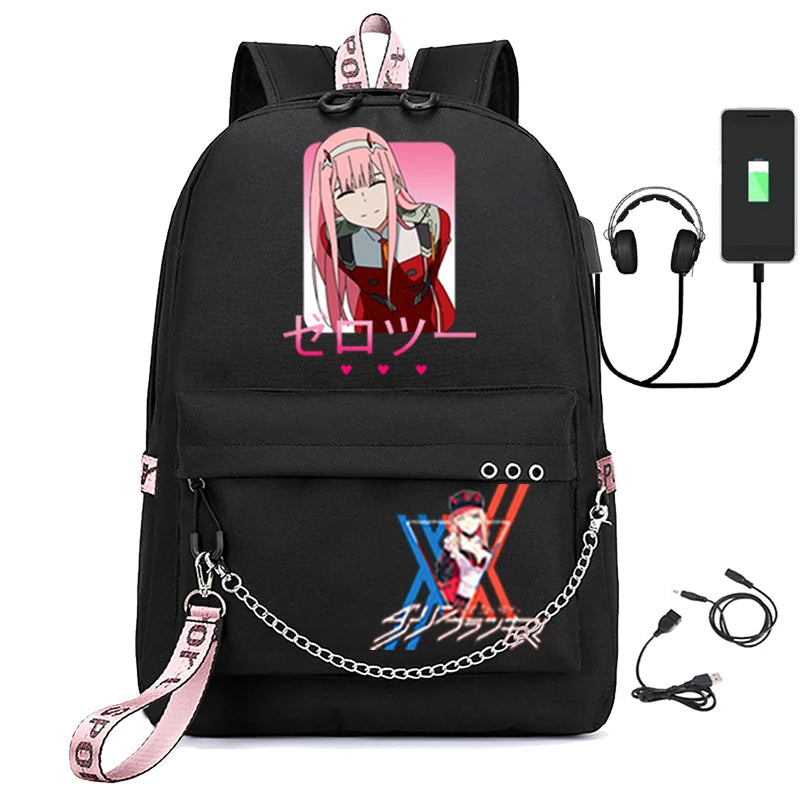 USB Rechargeable Canvas Student Backpack Zero Two Schoolbags