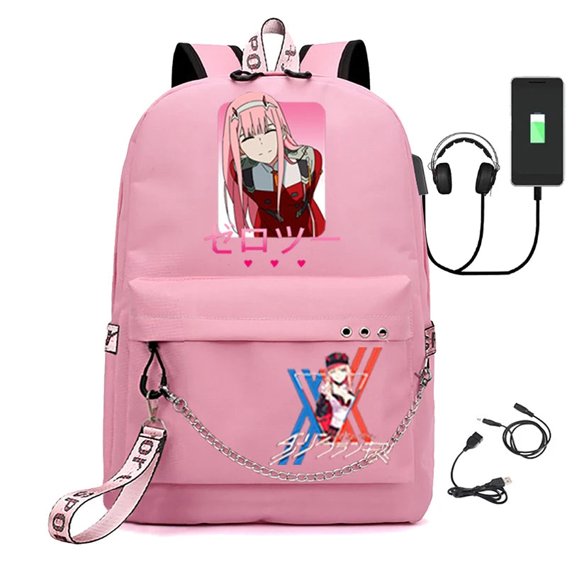 USB Rechargeable Canvas Student Backpack Zero Two Schoolbags