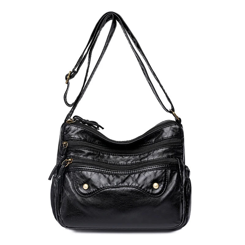 Vintage Women Shoulder Bag Leather Handbag Multilayer Pocket Crossbody Bag