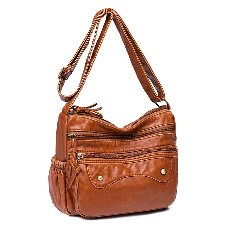 Vintage Women Shoulder Bag Leather Handbag Multilayer Pocket Crossbody Bag