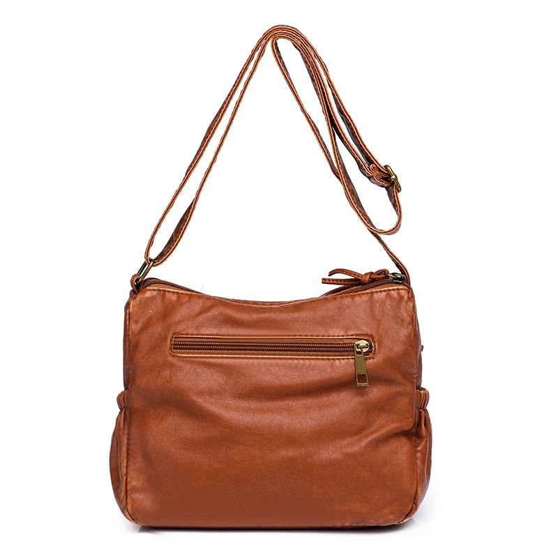 Vintage Women Shoulder Bag Leather Handbag Multilayer Pocket Crossbody Bag