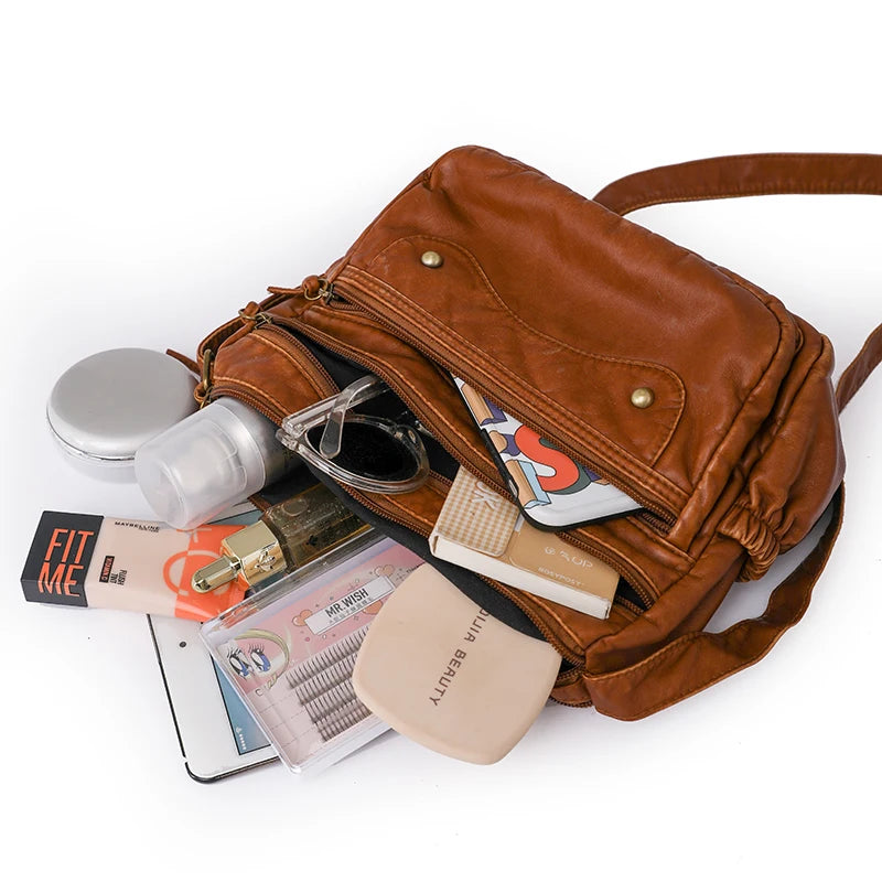 Vintage Women Shoulder Bag Leather Handbag Multilayer Pocket Crossbody Bag