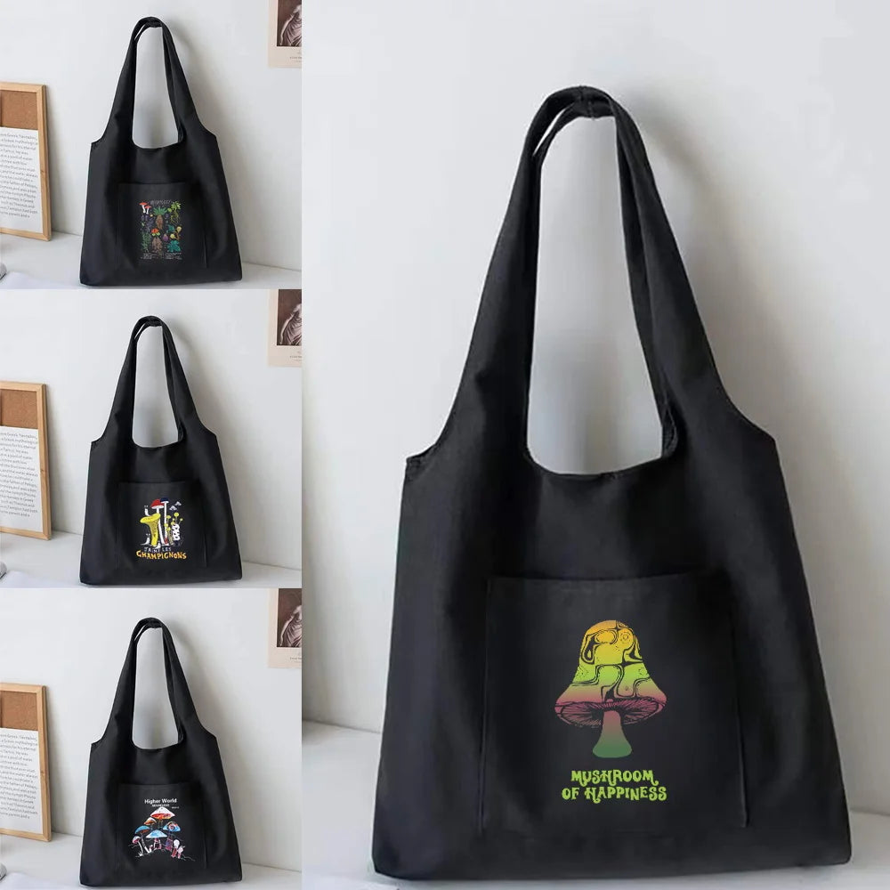 Mushroom Print Vest Bag Canvas Shoulder Bag Large Capacity Tote Bag