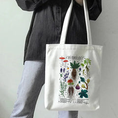 Mushroom Shoulder Bag Canvas Harajuku Shopper Casual Tote Border Collie