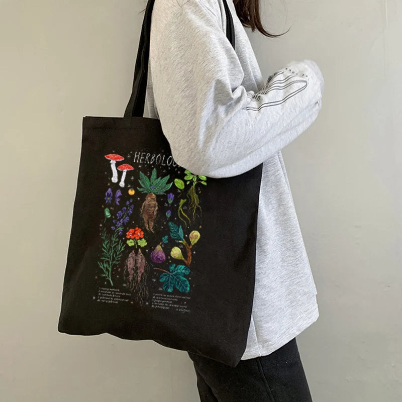 Mushroom Shoulder Bag Canvas Harajuku Shopper Casual Tote Border Collie