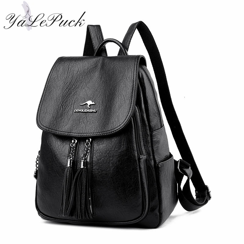 Double Tassels Women Leather Backpacks High Female Backpack