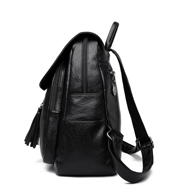Double Tassels Women Leather Backpacks High Female Backpack
