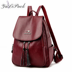 Double Tassels Women Leather Backpacks High Female Backpack Casual Daily Bag