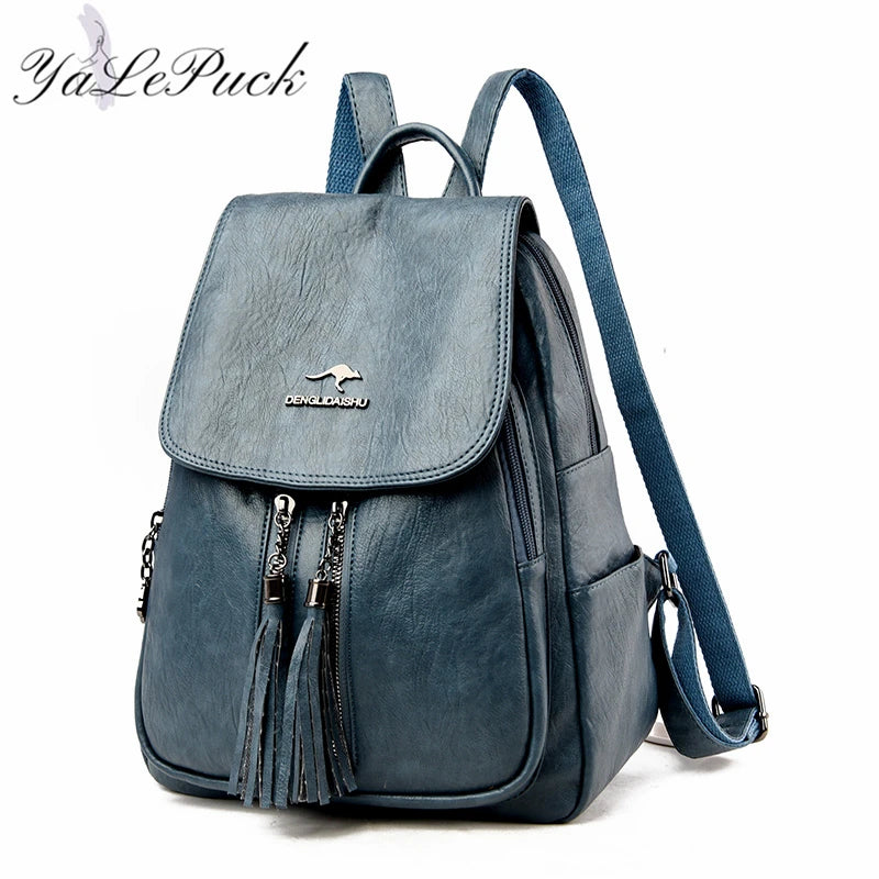 Double Tassels Women Leather Backpacks High Female Backpack