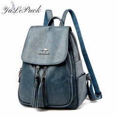 Double Tassels Women Leather Backpacks High Female Backpack