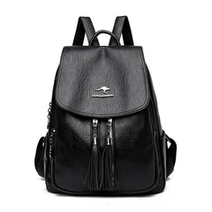 Double Tassels Women Leather Backpacks High Female Backpack