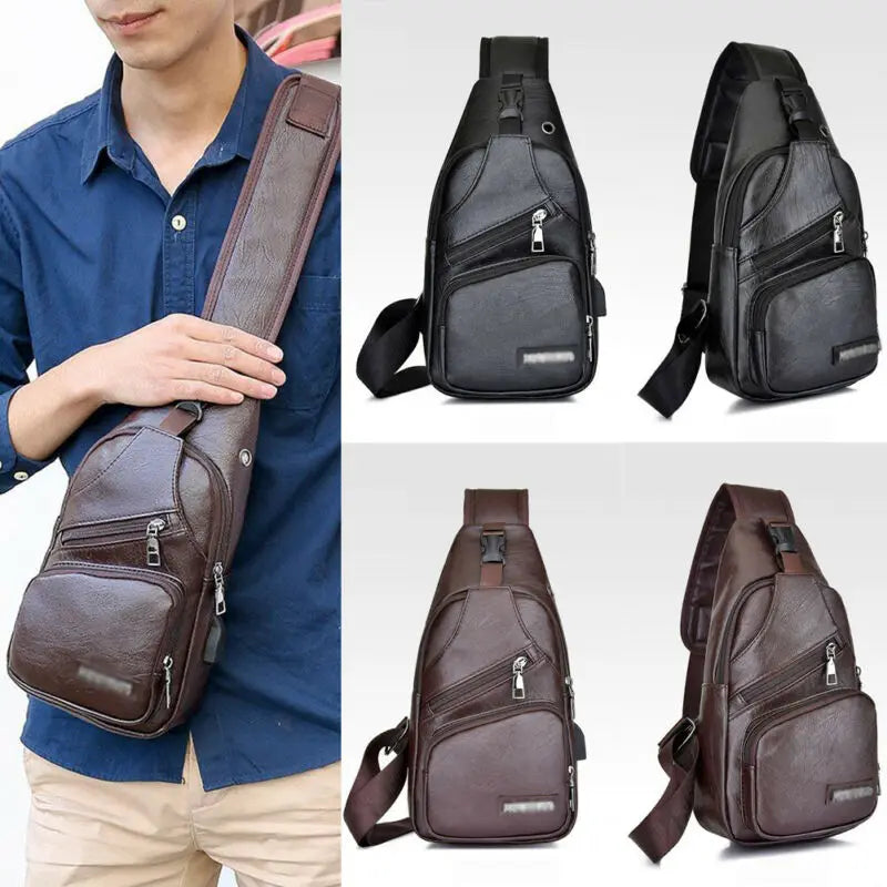 Men's PU Shoulder Bag Sling Chest Pack USB Charging Sports Crossbody Handbag