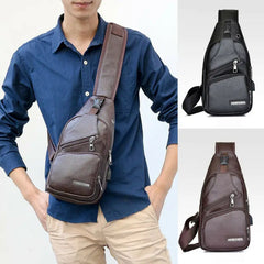 Men's PU Shoulder Bag Sling Chest Pack USB Charging Sports Crossbody Handbag
