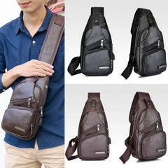 Men's PU Shoulder Bag Sling Chest Pack USB Charging Sports Crossbody Handbag