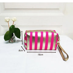 Pink Striped Makeup Cosmetic Case Bag Clutch Pouch