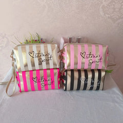 Pink Striped Makeup Cosmetic Case Bag Clutch Pouch