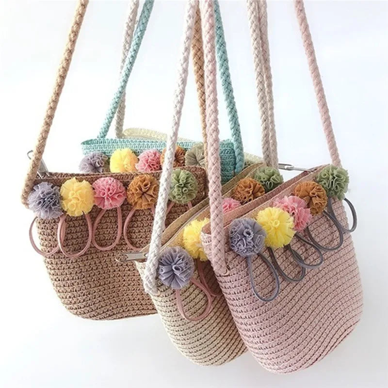 Straw Flower Bags Women Woven Basket Tote Bohemian Beach Handbags