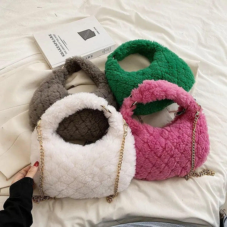Faux Fur Crossbody Bag Plush Shoulder Purse Quilted Handbag for Women