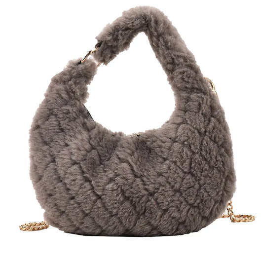 Faux Fur Crossbody Bag Plush Shoulder Purse Quilted Handbag for Women