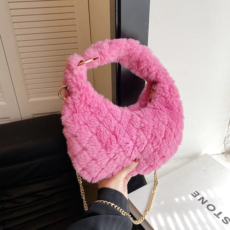 Faux Fur Crossbody Bag Plush Shoulder Purse Quilted Handbag for Women