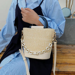 Female Tote Bucket Bag Straw Handbag Woven Shoulder Messenger Bag