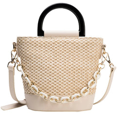 Female Tote Bucket Bag Straw Handbag Woven Shoulder Messenger Bag