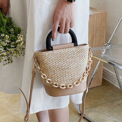Female Tote Bucket Bag Straw Handbag Woven Shoulder Messenger Bag
