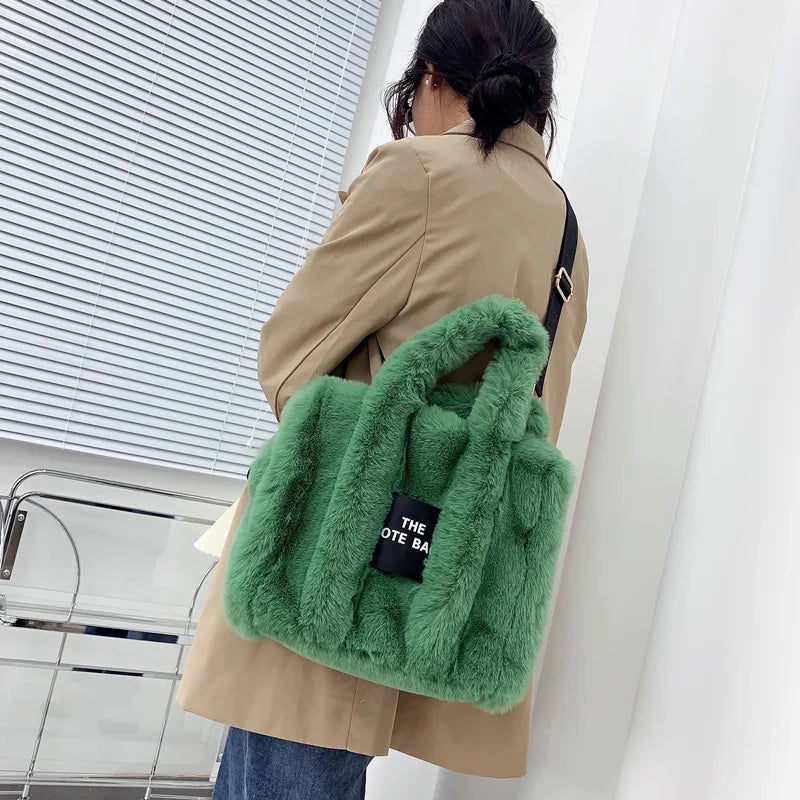 Faux Fur Tote Bag Women Handbags Plush Shoulder Crossbody Shopper Purses