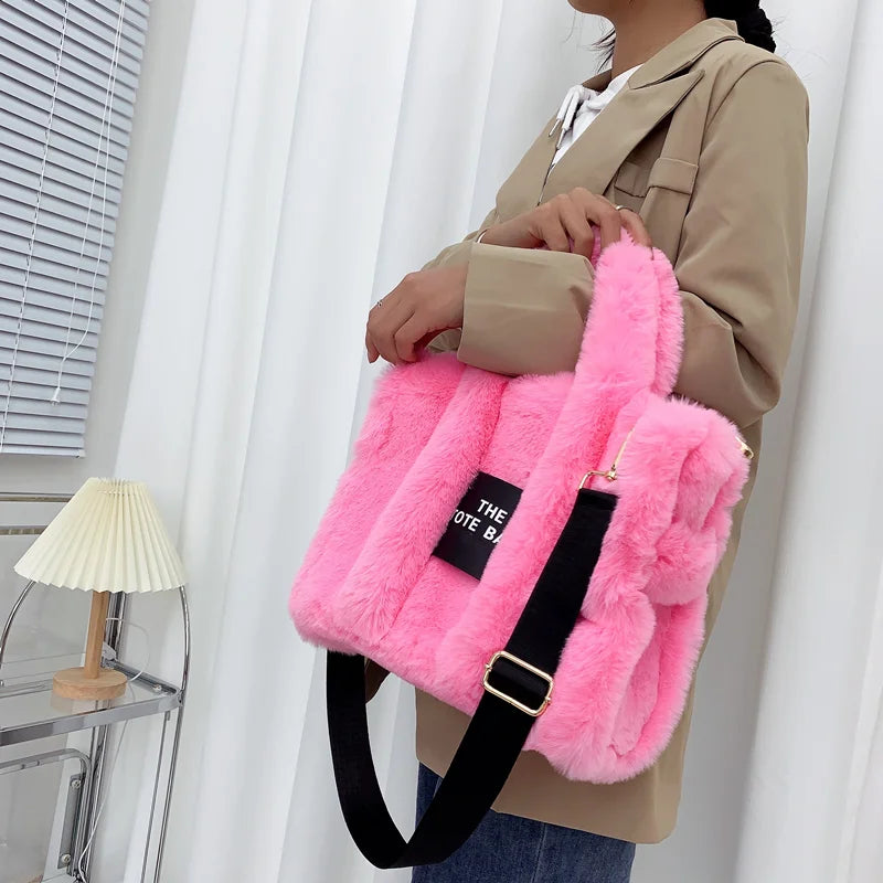 Faux Fur Tote Bag Women Handbags Plush Shoulder Crossbody Shopper Purses