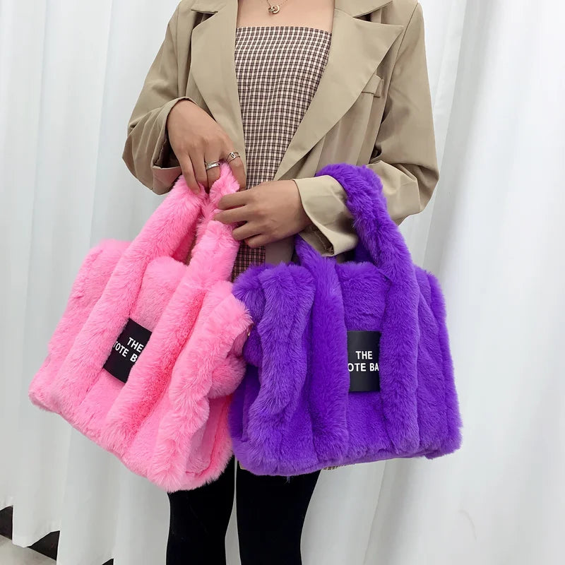Faux Fur Tote Bag Women Handbags Plush Shoulder Crossbody Shopper Purses