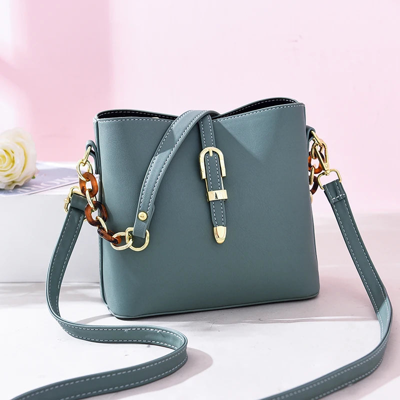 Vintage Green Chain Messenger Bag Bucket Shoulder Bag Women PU Leather