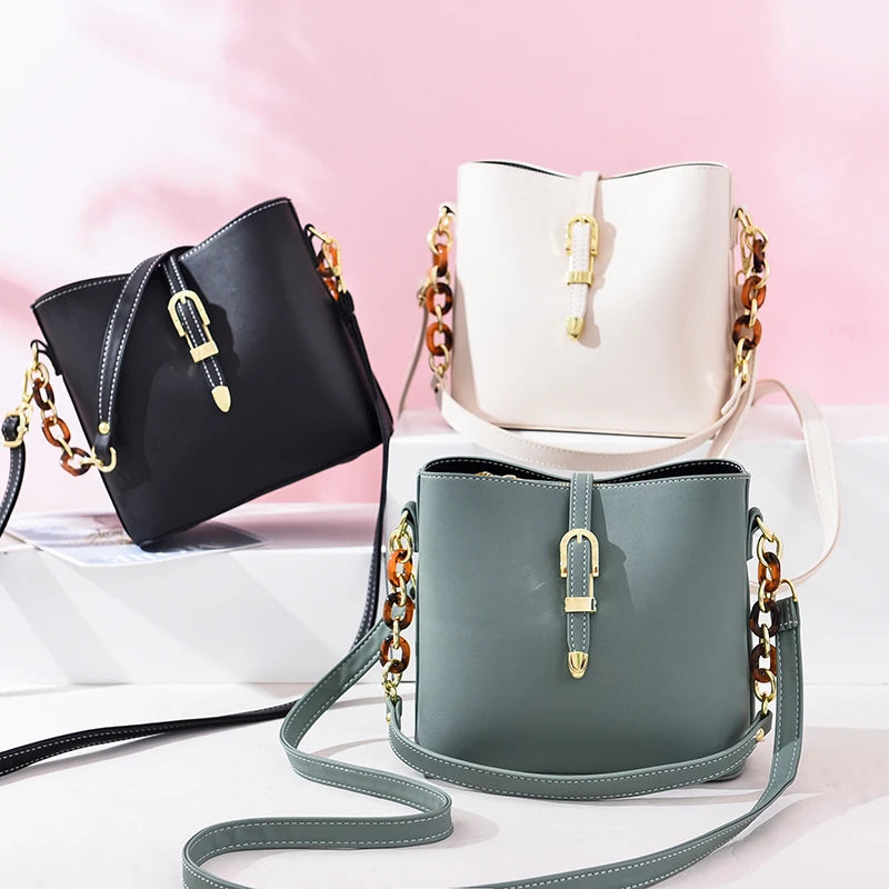 Vintage Green Chain Messenger Bag Bucket Shoulder Bag Women PU Leather