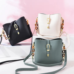 Vintage Green Chain Messenger Bag Bucket Shoulder Bag Women PU Leather
