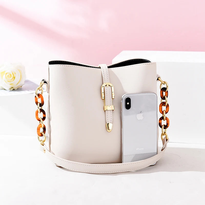 Vintage Green Chain Messenger Bag Bucket Shoulder Bag Women PU Leather