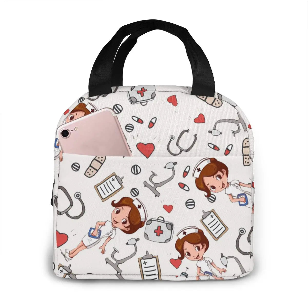 Nurse Insulated Lunch Bags Women Cartoon Print Thermal Food Bag