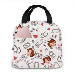 Nurse Insulated Lunch Bags Women Cartoon Print Thermal Food Bag
