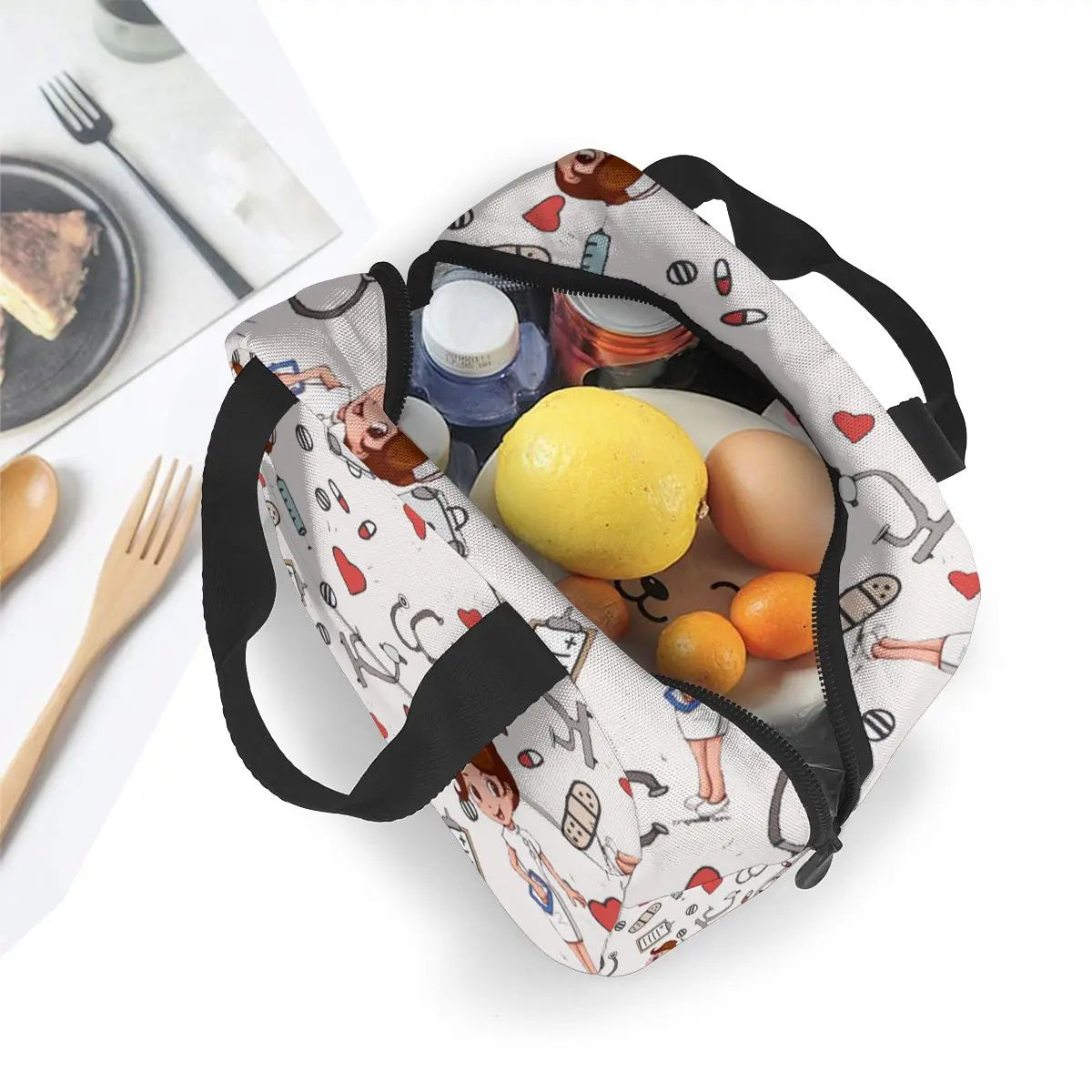 Nurse Insulated Lunch Bags Women Cartoon Print Thermal Food Bag