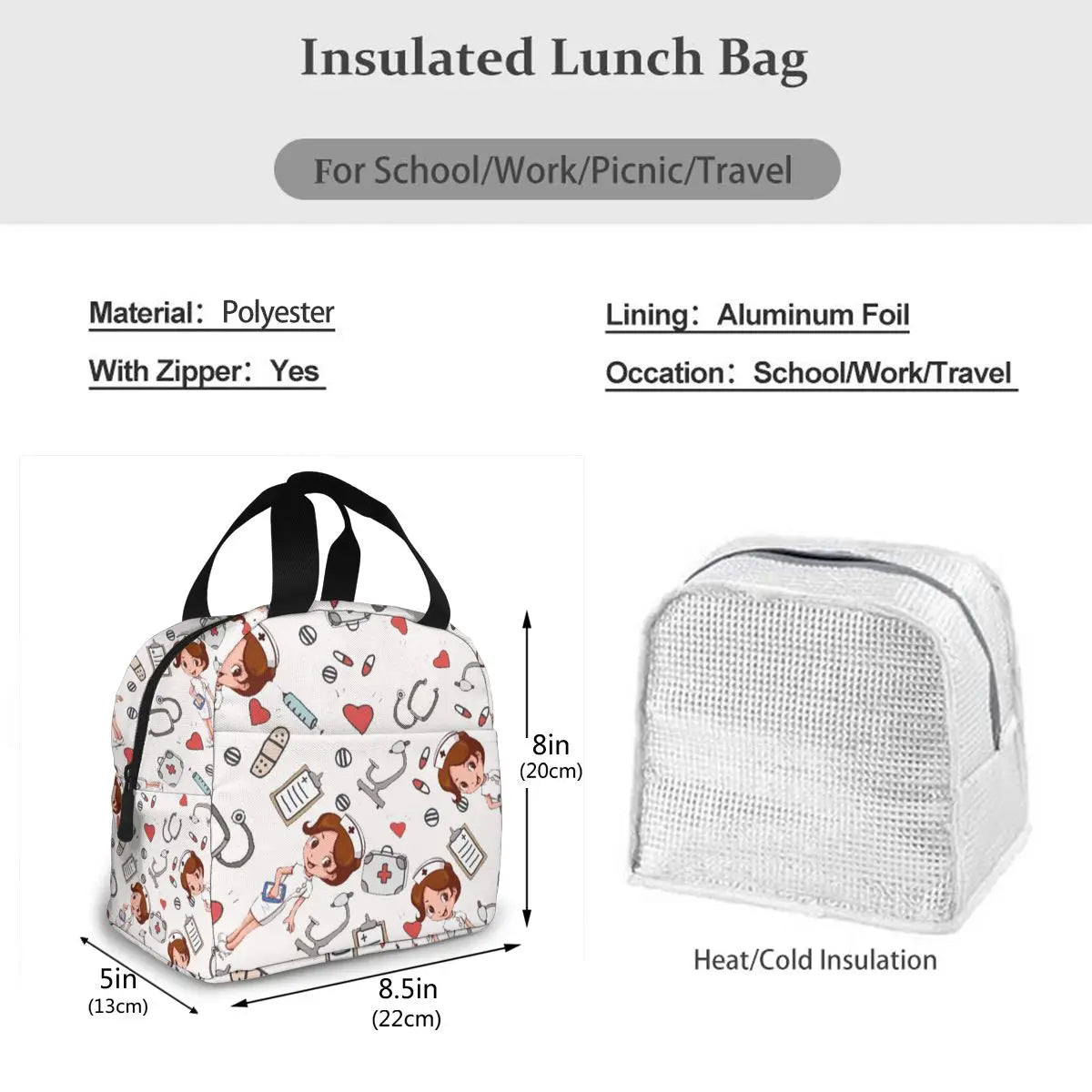 Nurse Insulated Lunch Bags Women Cartoon Print Thermal Food Bag