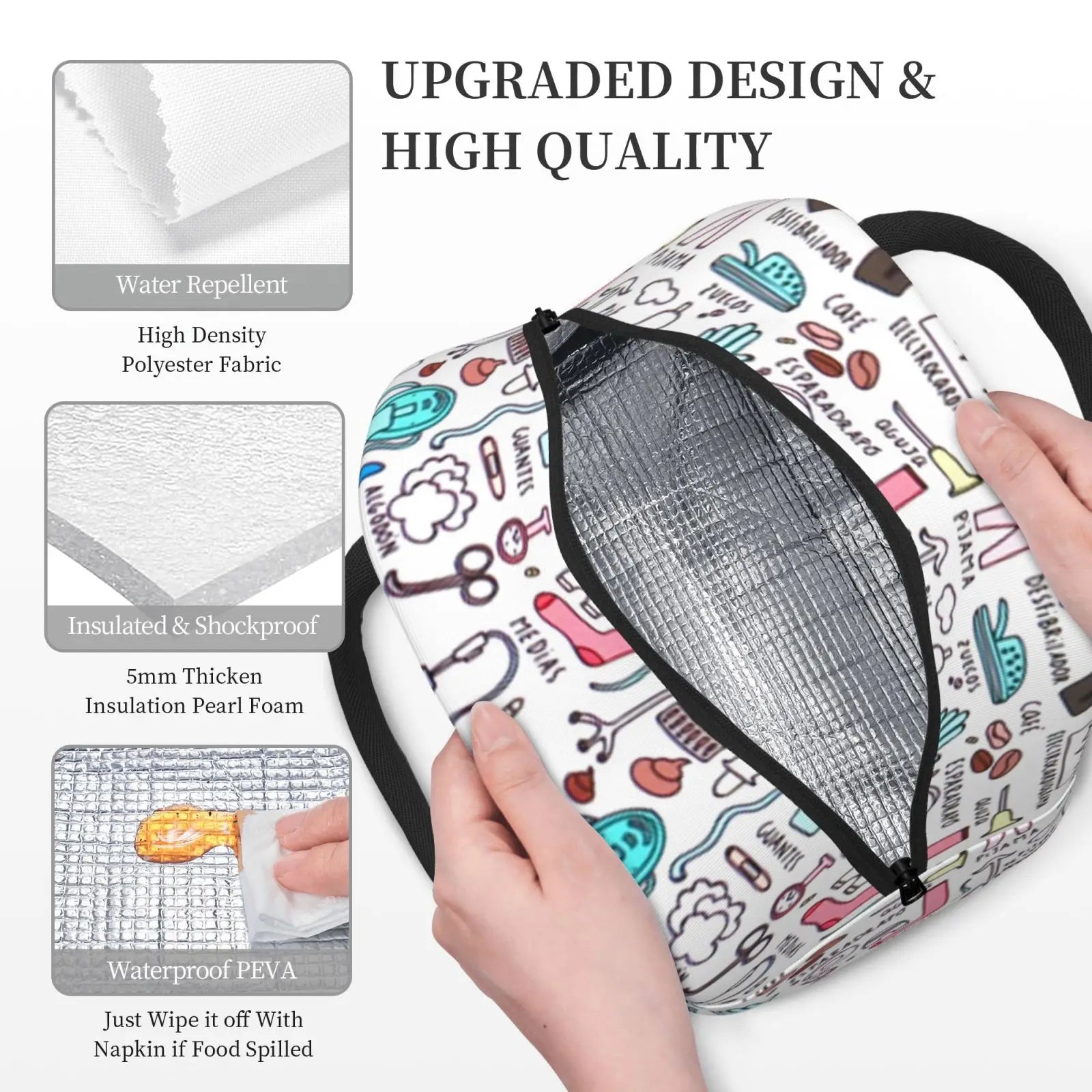 Insulated Lunch Bag Cartoon Nurse Print for Women, Travel Nurse Bag
