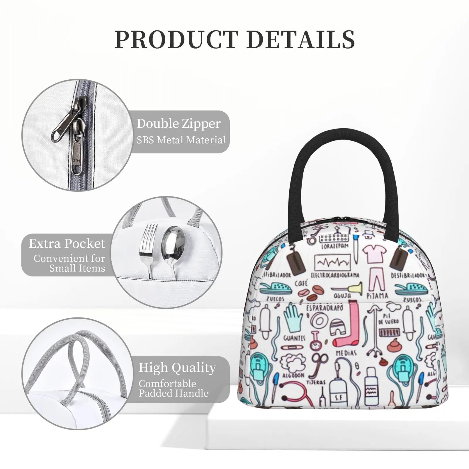 Insulated Lunch Bag Cartoon Nurse Print for Women, Travel Nurse Bag