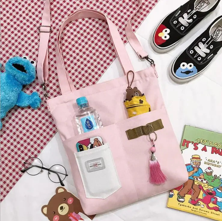 NONSAR Canvas Tote Bag with Tassel Student Tutoring Shoulder School Bag