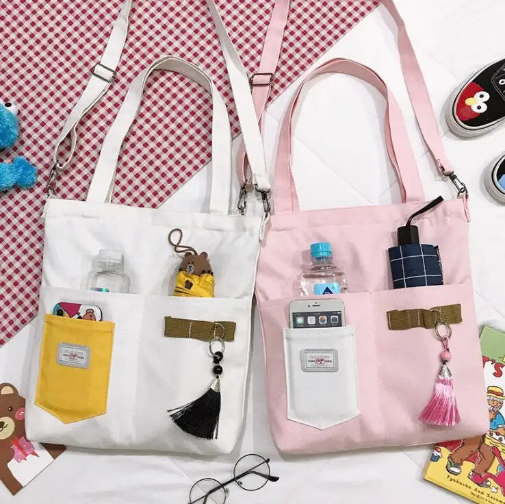 NONSAR Canvas Tote Bag with Tassel Student Tutoring Shoulder School Bag