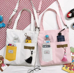 NONSAR Canvas Tote Bag with Tassel Student Tutoring Shoulder School Bag