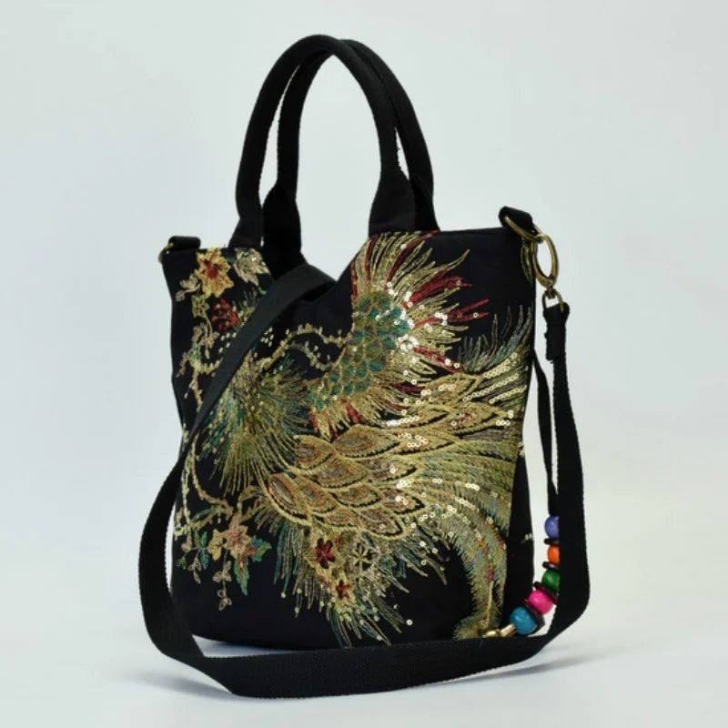 Embroidered Peacock Bag Canvas Shoulder Cross Bag