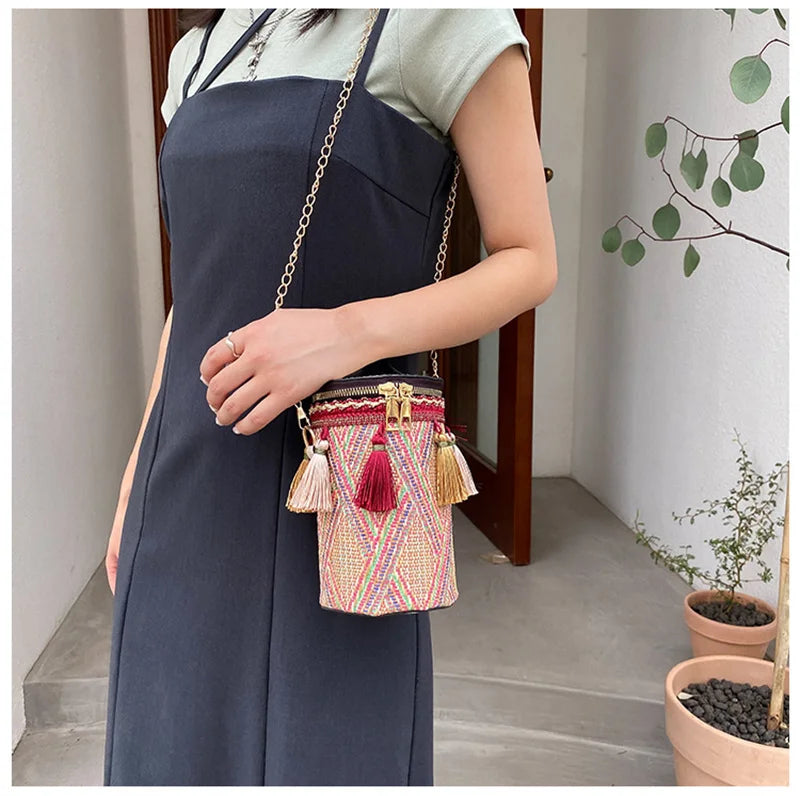 National Style Shoulder Bag for Women Crossbody Tassel Handbag