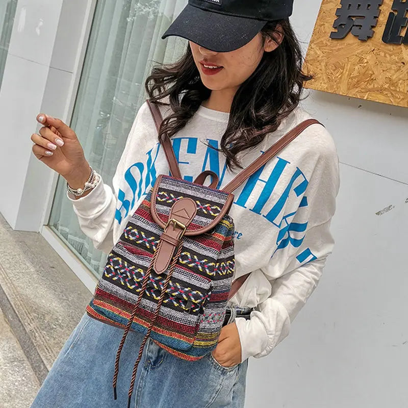 National Style Stripes Women Backpack Vintage Drawstring Female Backpacks