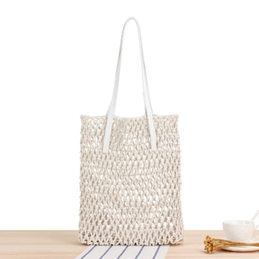 Hand-Woven Leather Bag with Rope Net Pocket for Travel and Beach