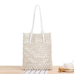 Hand-Woven Leather Bag with Rope Net Pocket for Travel and Beach
