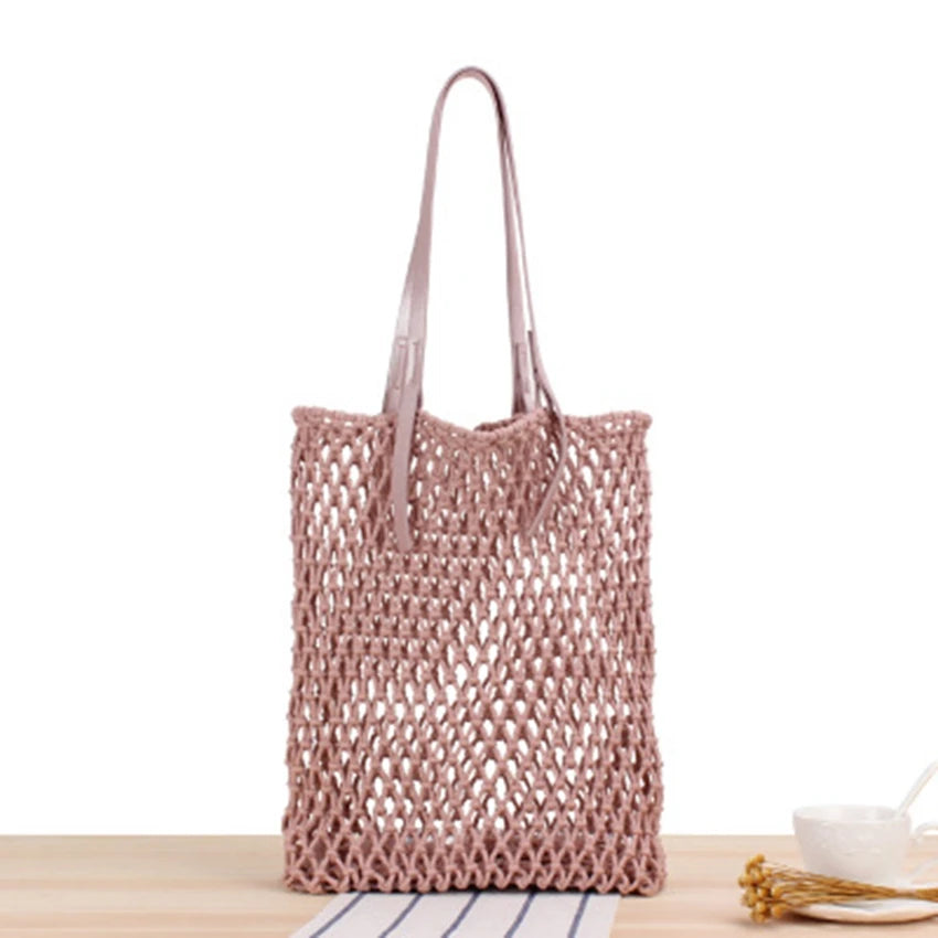 Hand-Woven Leather Bag with Rope Net Pocket for Travel and Beach